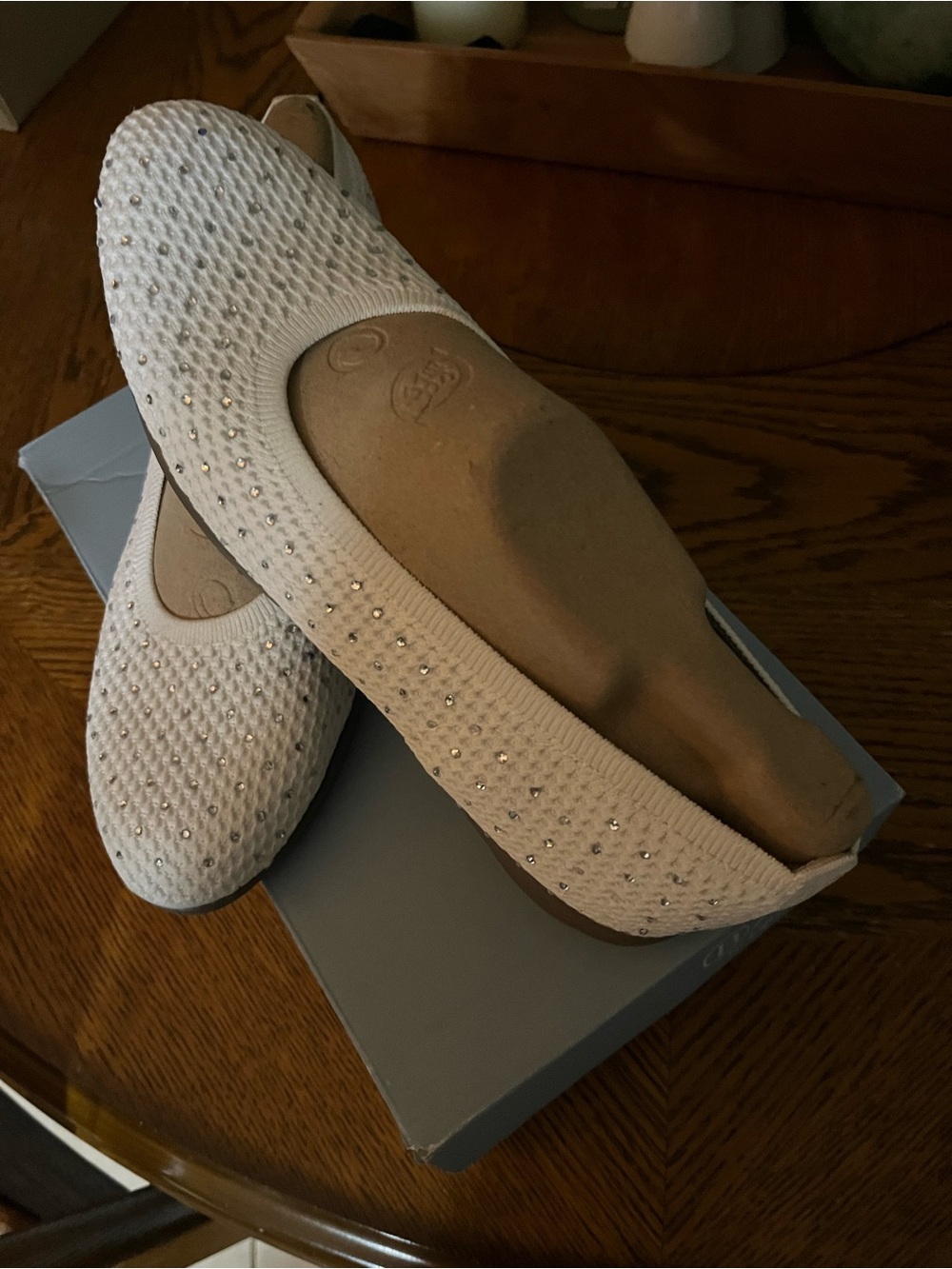 Life Stride White Knit Ballet Flats with Rhinestone Accents